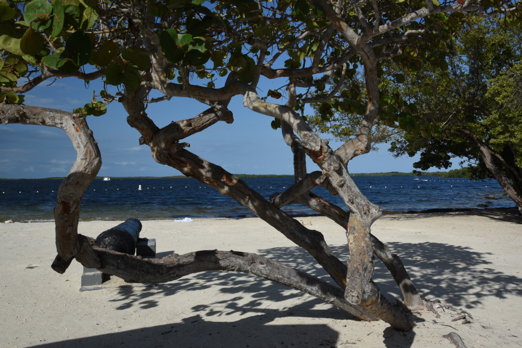 A canon looks out into the dark blue waters of Largo Sound under a blue sky.