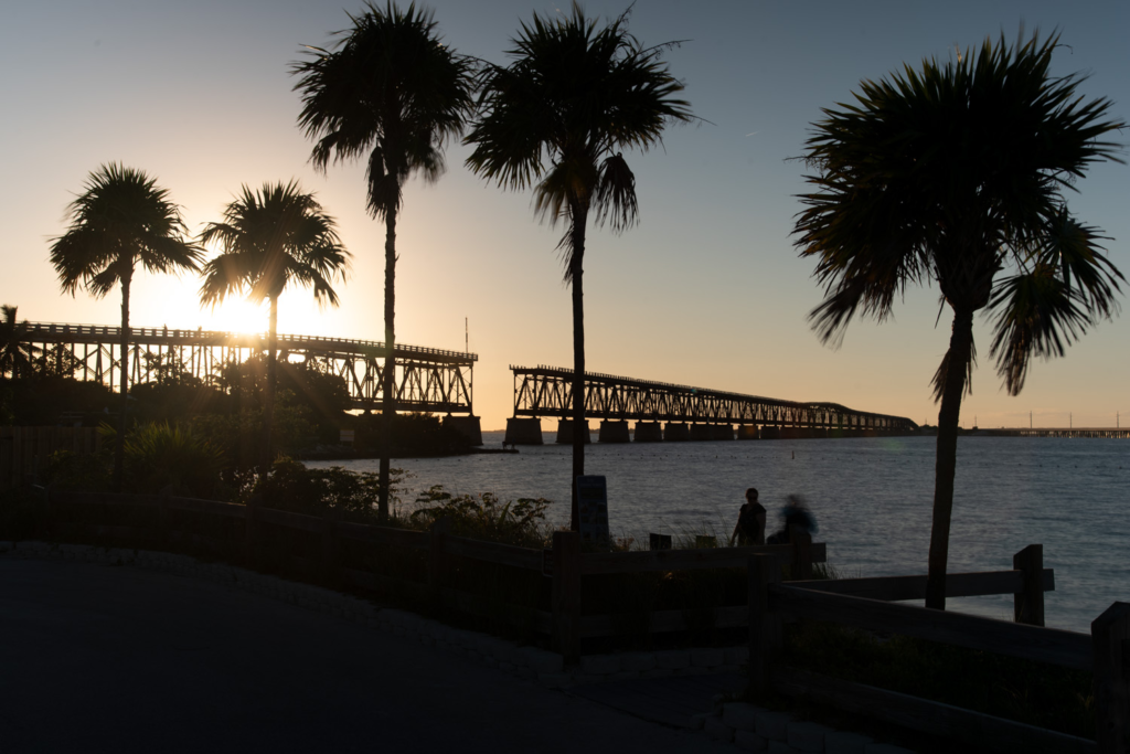 Palm trees are in the shadows as the sunsets on the old Bahia Honda State Park bridge.