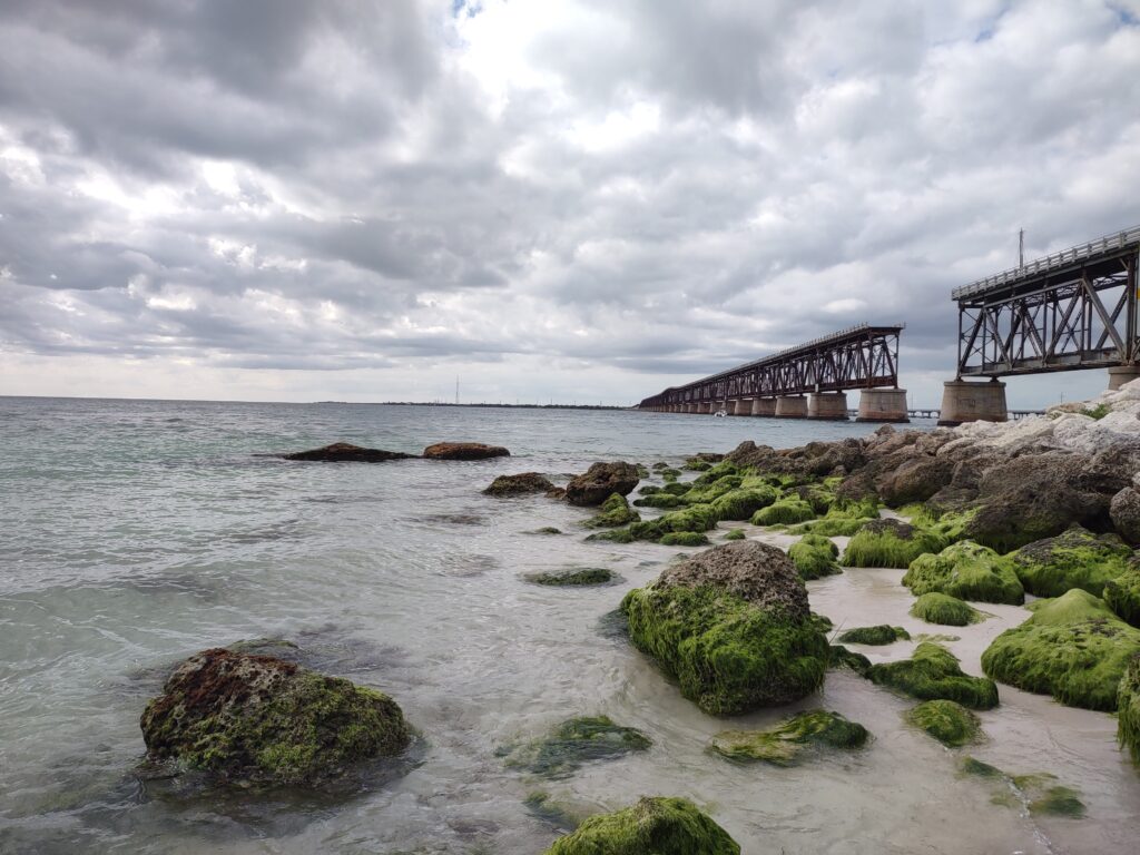 Moss covered rocks in the foreground give way to clear Caribbean waters and the iconic Bahia Honda Bridge at Bahia Honda State Park